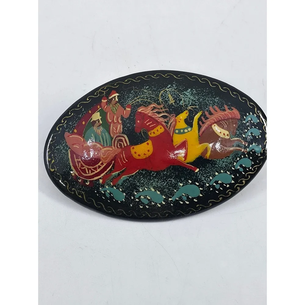 Vintage Fragonard Limoges Style & Russian Mstera Troika Lacquer Brooch Pin Lot 2